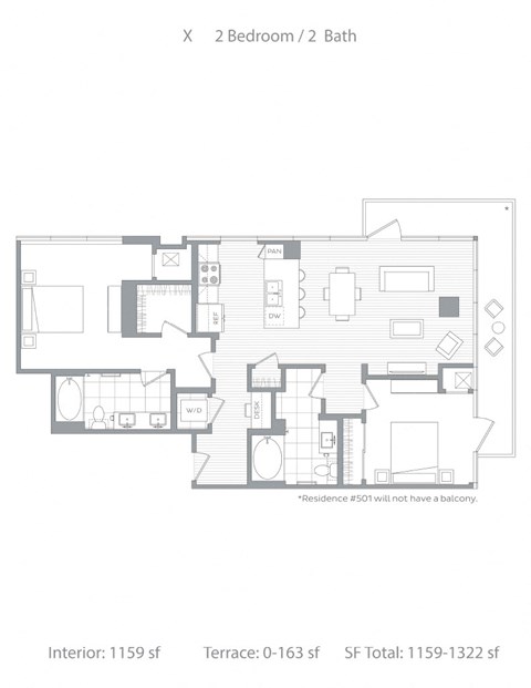 Floor plan for 2 beds, 2 baths, 1310 sqft